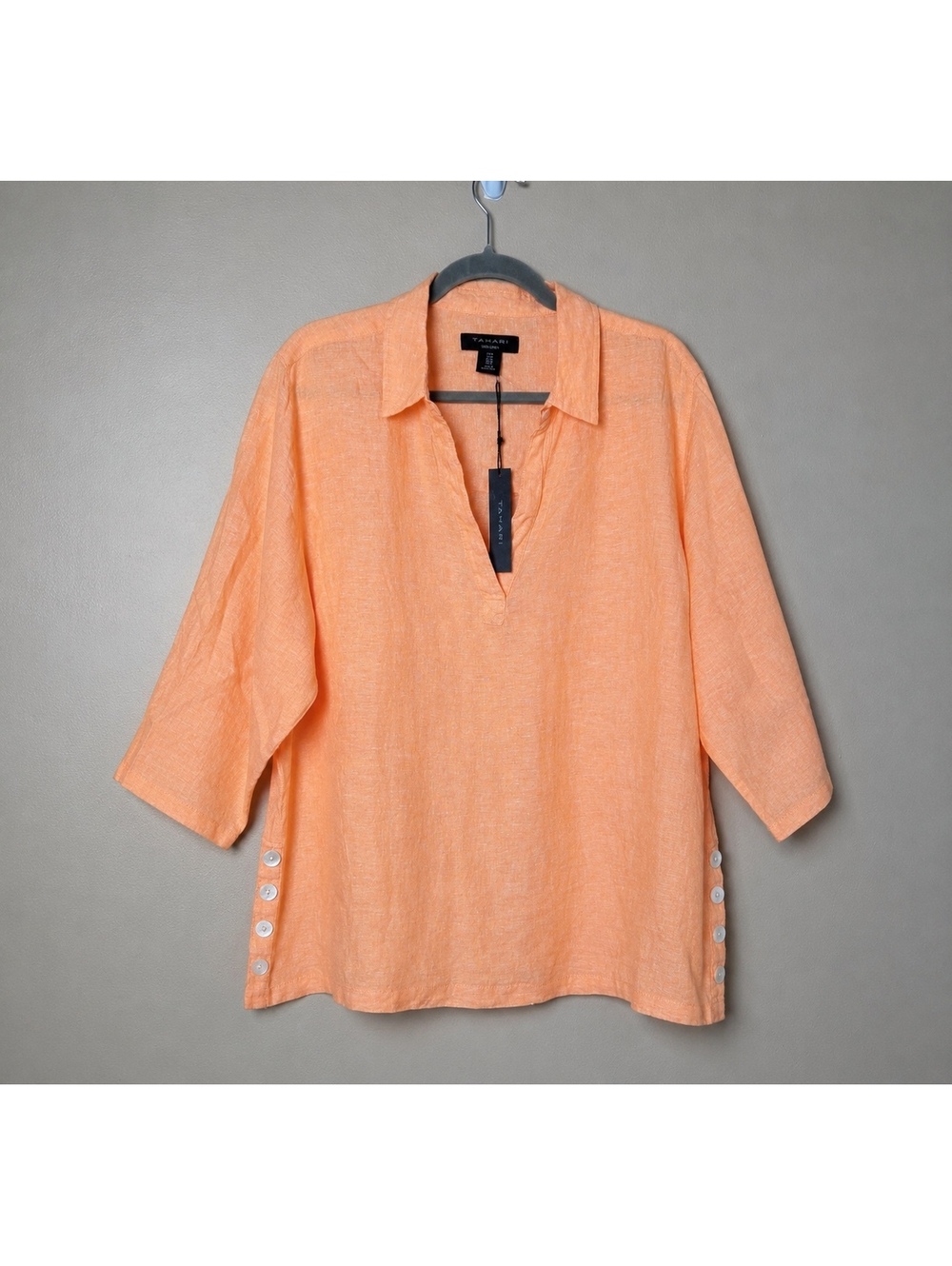 Tahari 100% Linen Orange Sherbet Blouse 3/4 Sleeve Side Button Top 1X NWT
